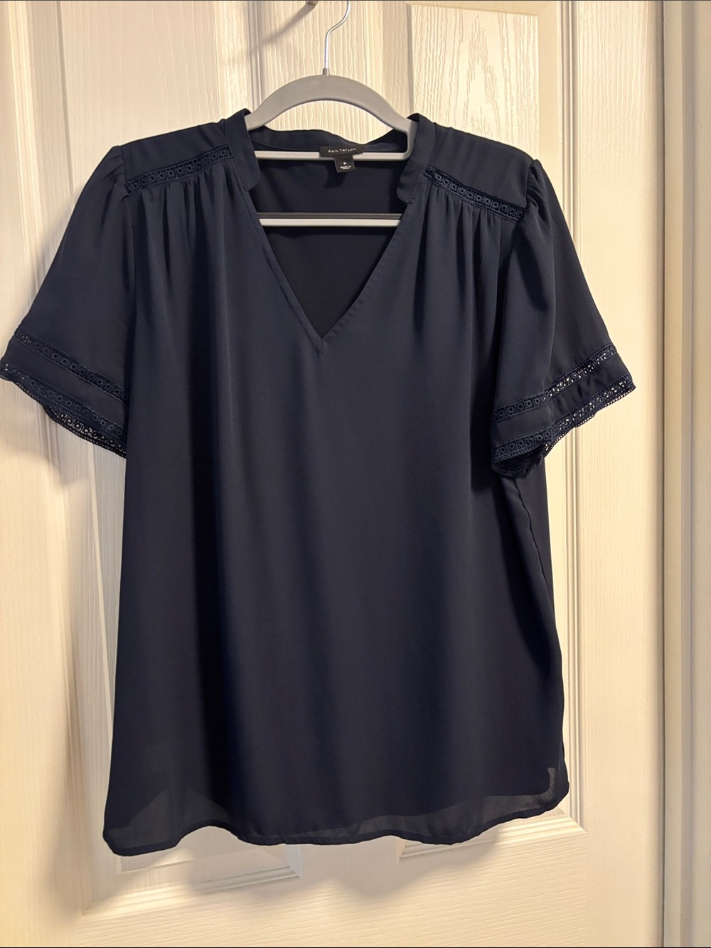 Ann Taylor Navy Blue V-Neck Lace-Trim Blouse